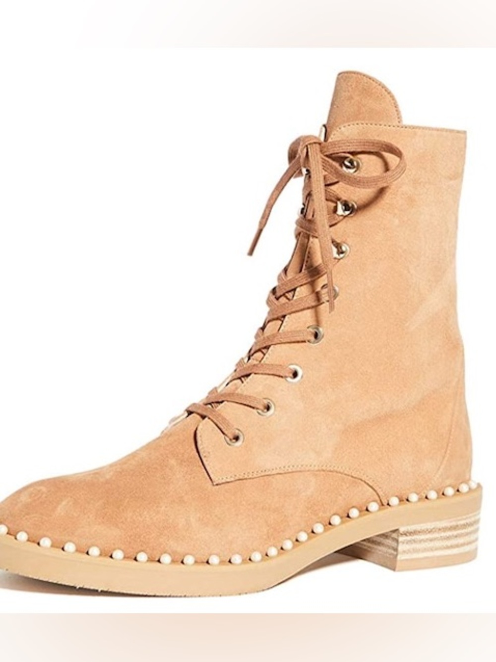 Stuart Weitzman Sondra Suede Combat Boots Pearl Stud Tan 12B